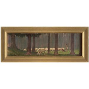 Shepherd With Flocks, Painting By A. Frémond, France, Early 20th Century