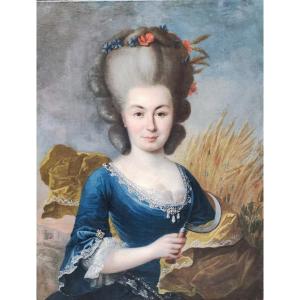 Portrait De Dame En été, Tableau , Italie Du Nord Ou France XVIIIème Siècle