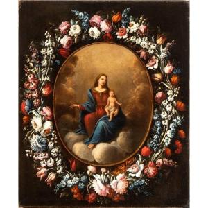 Our Lady Of The Rosary In A Garland Of Flowers, Painting, Rome, 17th Century