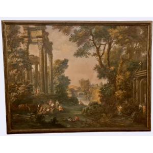 Paysage avec des ruines et des figures, Tableau . Italie XiXème Siècle Grandtour