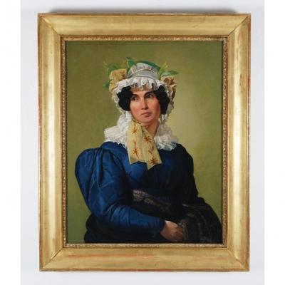 Portrait De Femme En Bleu, Tableau, Italie XIXéme Siécle