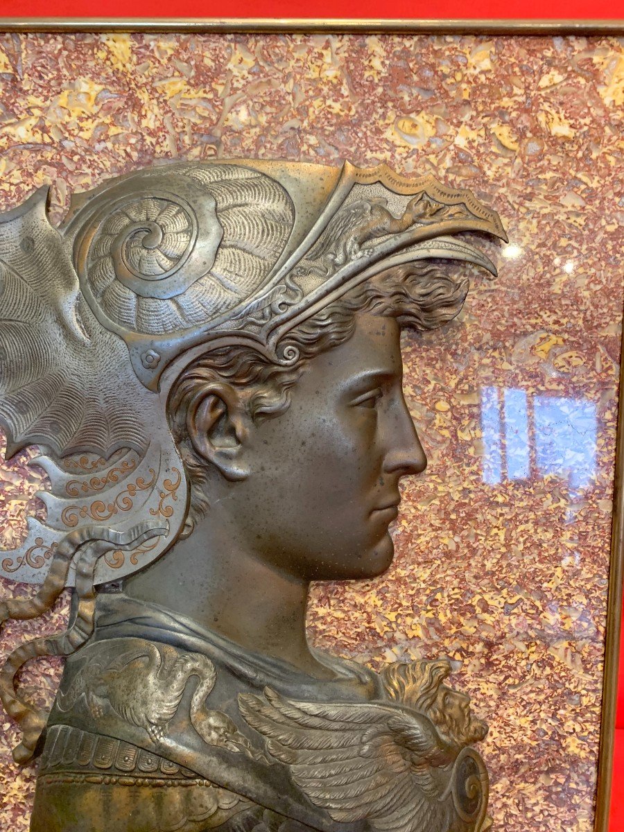 Bronze Portrait Of Alexander The Great On 19th Century Marble. The Marble Is Spanish Brocatello-photo-2