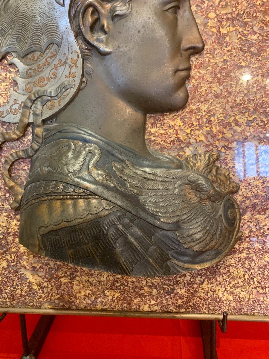 Bronze Portrait Of Alexander The Great On 19th Century Marble. The Marble Is Spanish Brocatello-photo-3