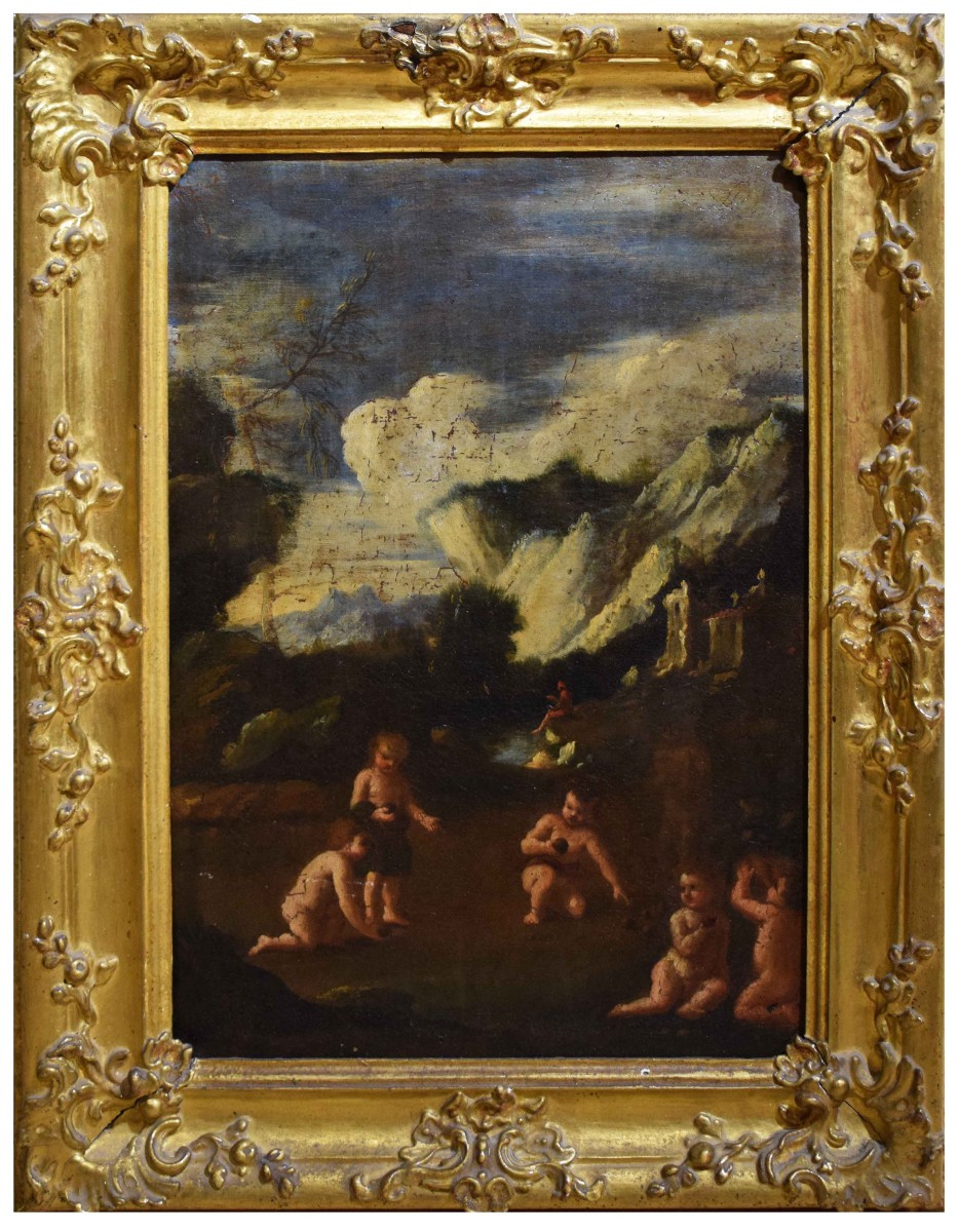 École Génoise, Fin Du XVIIe Siècle Chérubins Jouant Dans Un Paysage Boisé Huile Sur Toile