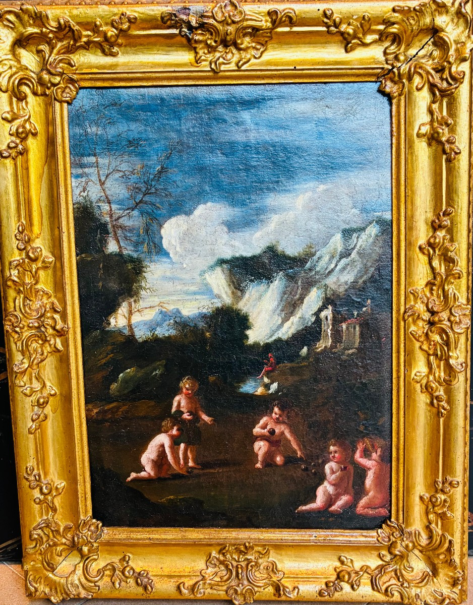 Genoese School, Late 17th Century Putti At Play In A Wooded Landscape Oil On Canvas