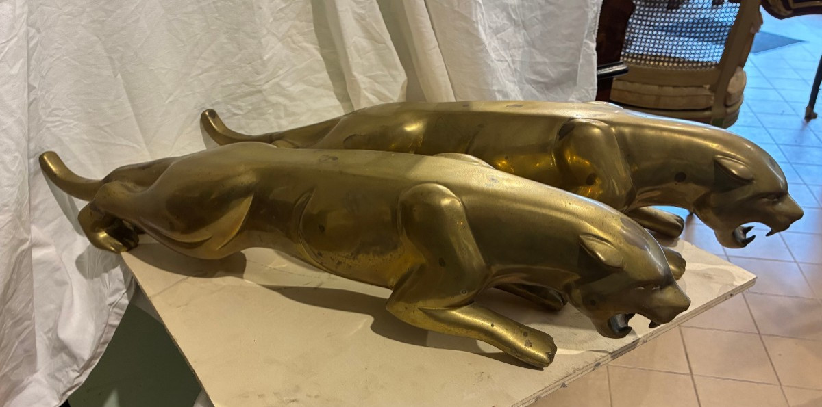 Paire de panthères en bronze doré de Charles Valton, période Art déco, 1930-photo-2