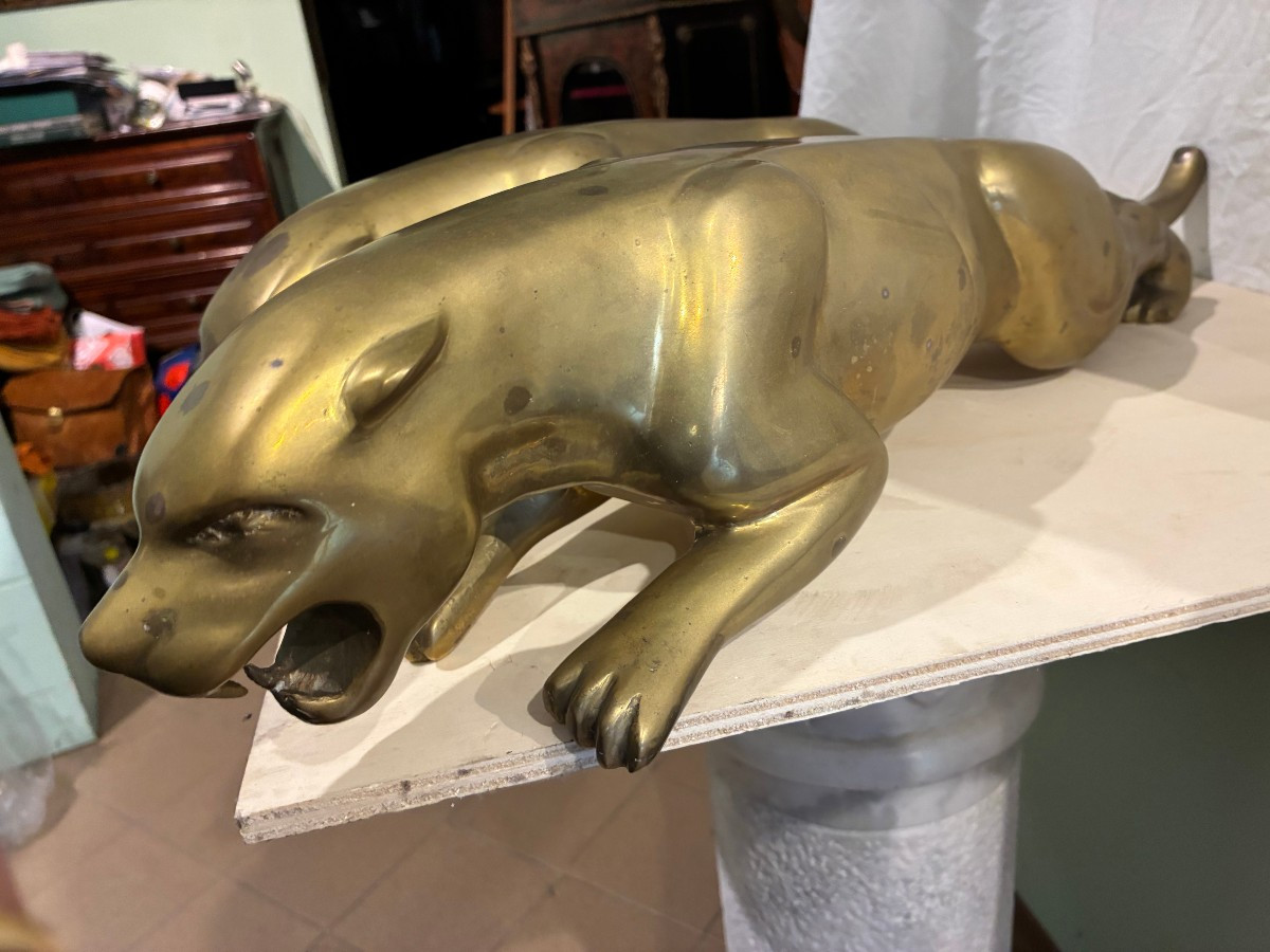 Paire de panthères en bronze doré de Charles Valton, période Art déco, 1930-photo-3