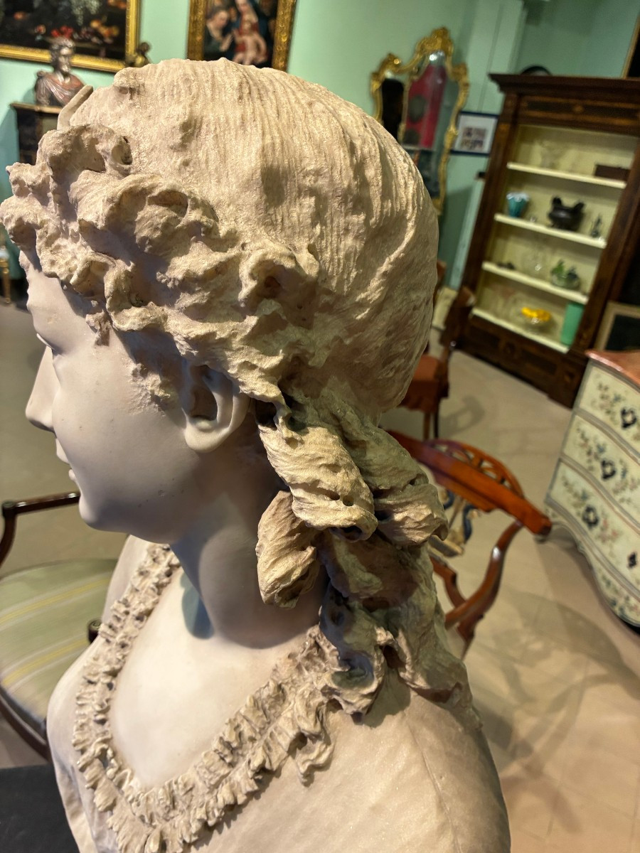 Carrara Marble Half-bust Depicting A Young Woman, Signed Corbetta 1862-1893-photo-2