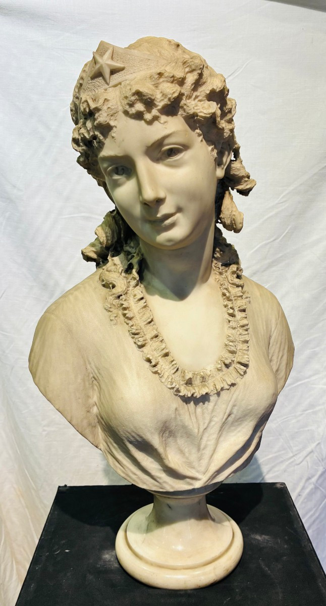 Carrara Marble Half-bust Depicting A Young Woman, Signed Corbetta 1862-1893