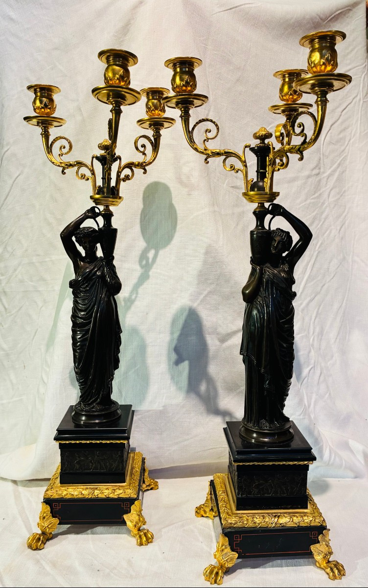 Pair Of Gilded Bronze Candelabra With Black Marble Base And Gilded Feet, 19th Century