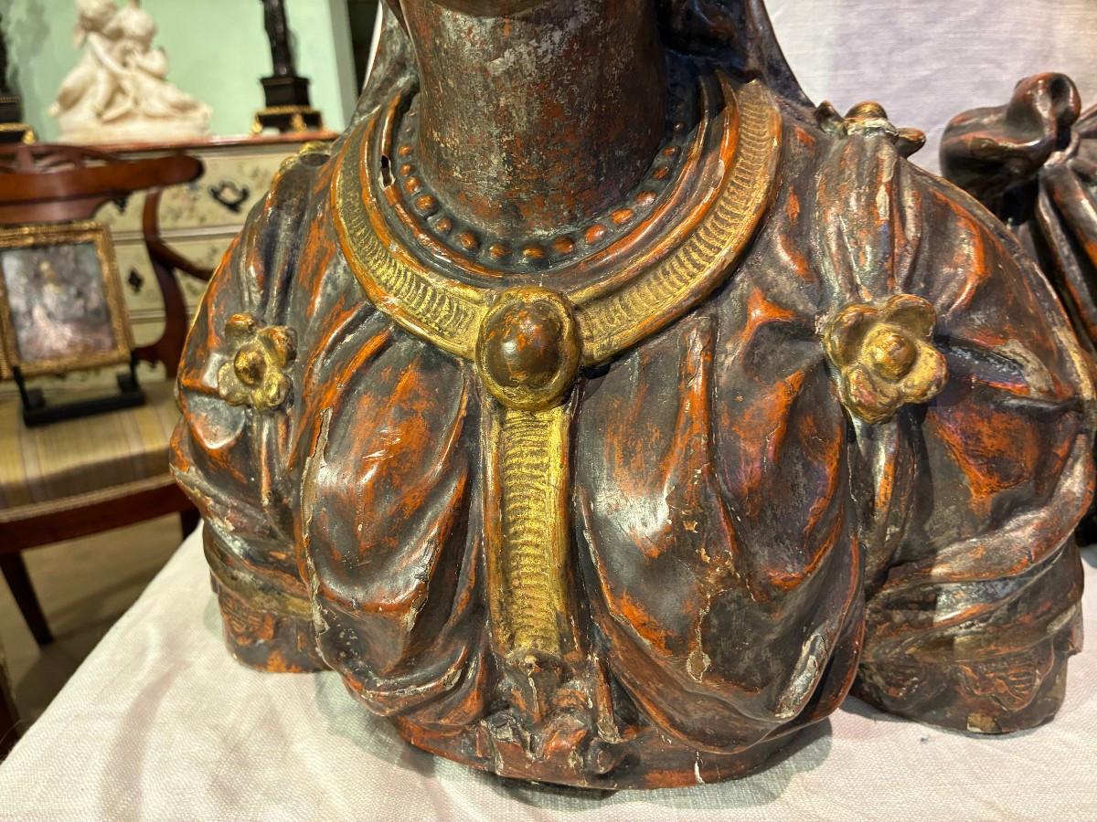 Pair Of Silver-plated Wooden Half-busts From Rome, 17th Century-photo-3