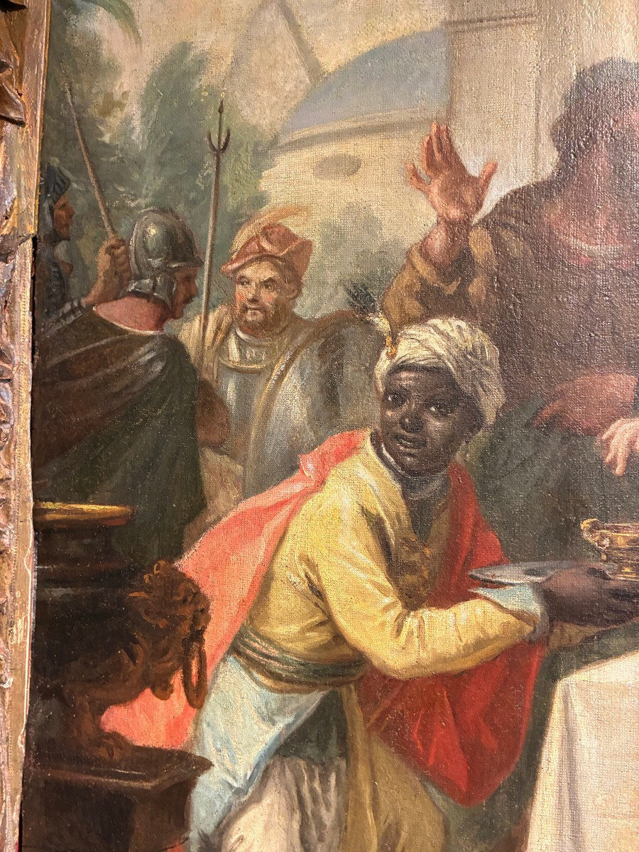 Tableau représentant le banquet d'Antoine et Cléopâtre, par Brusaferro, Venise, 1677-1746-photo-3