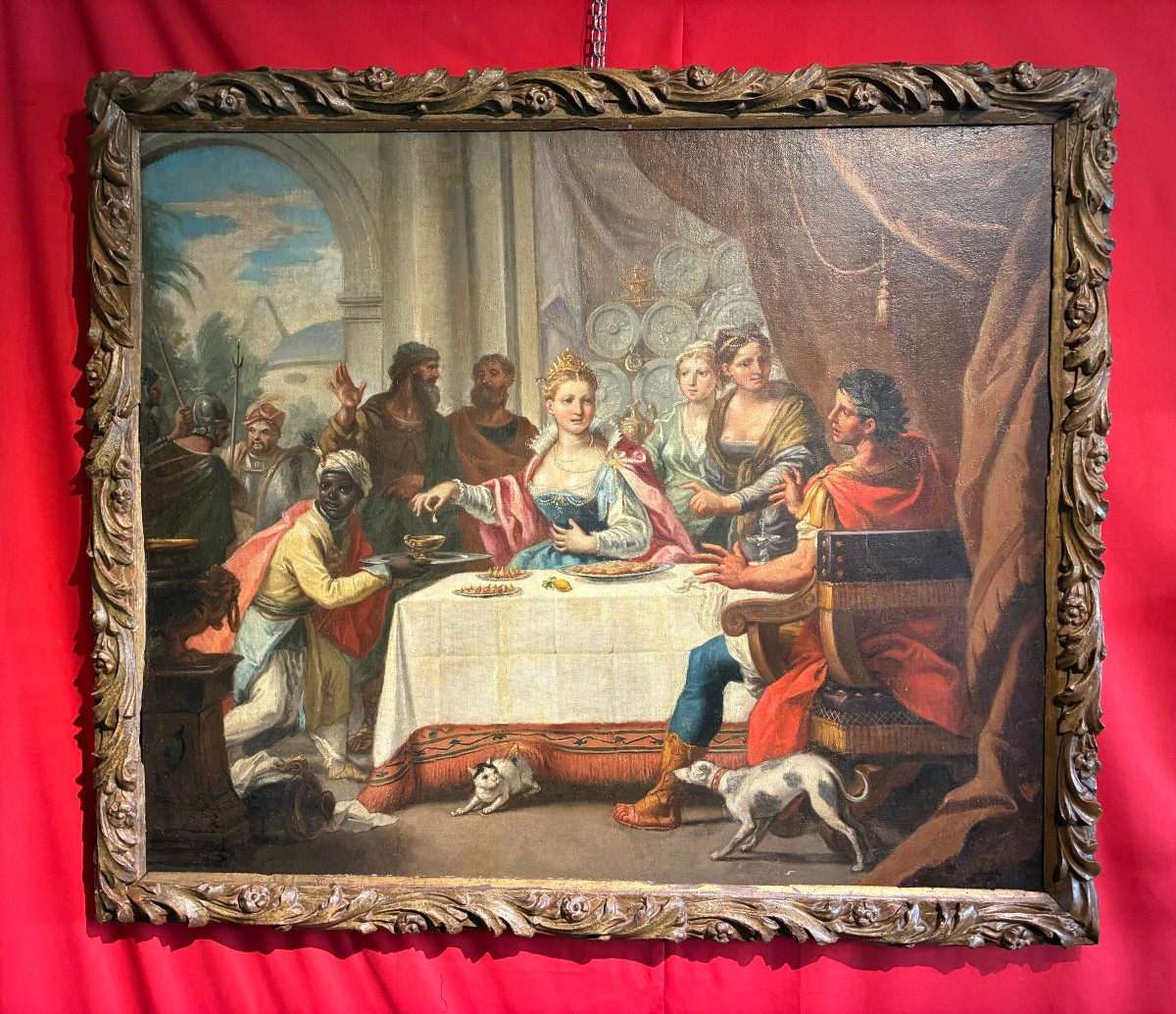 Tableau représentant le banquet d'Antoine et Cléopâtre, par Brusaferro, Venise, 1677-1746