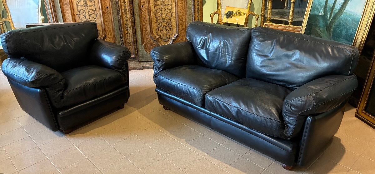 Frau Sofa And Armchair In Black Embossed Leather From The 1980s,
