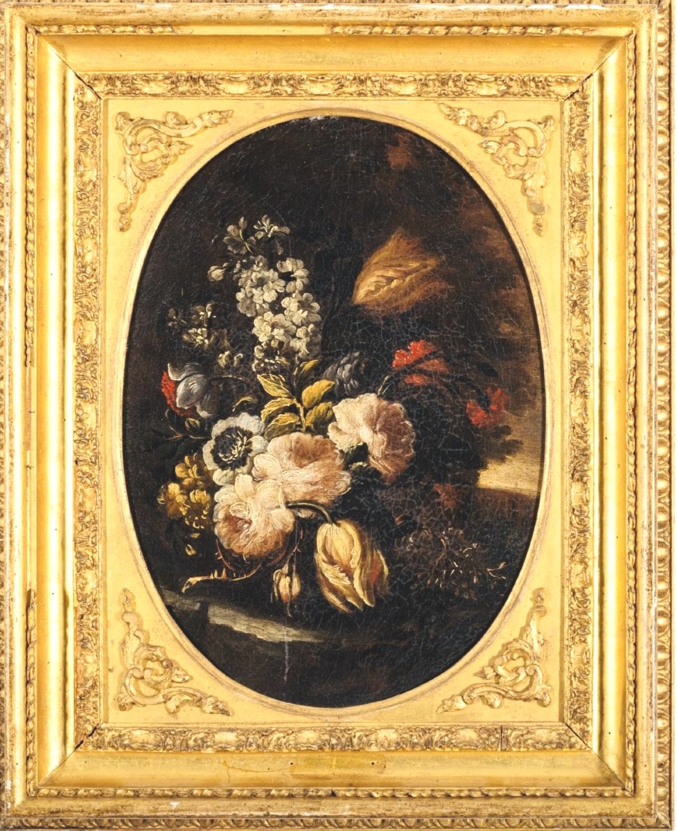 Peinture à l'huile sur toile représentant des fleurs, attribuée à Andrea Belvedere (1646-1732)