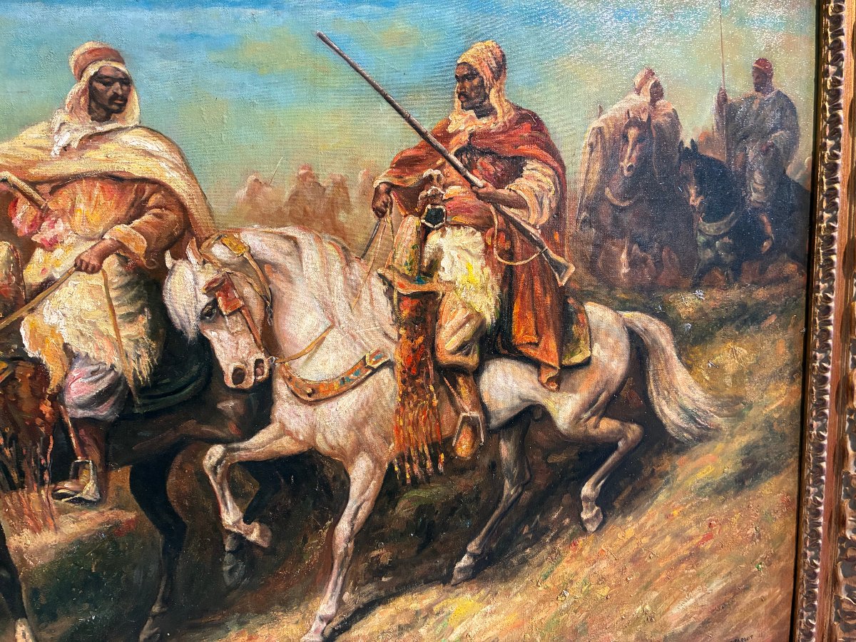 An Orientalist Painting Depicting Men On Horseback, Late 19th Century-photo-2