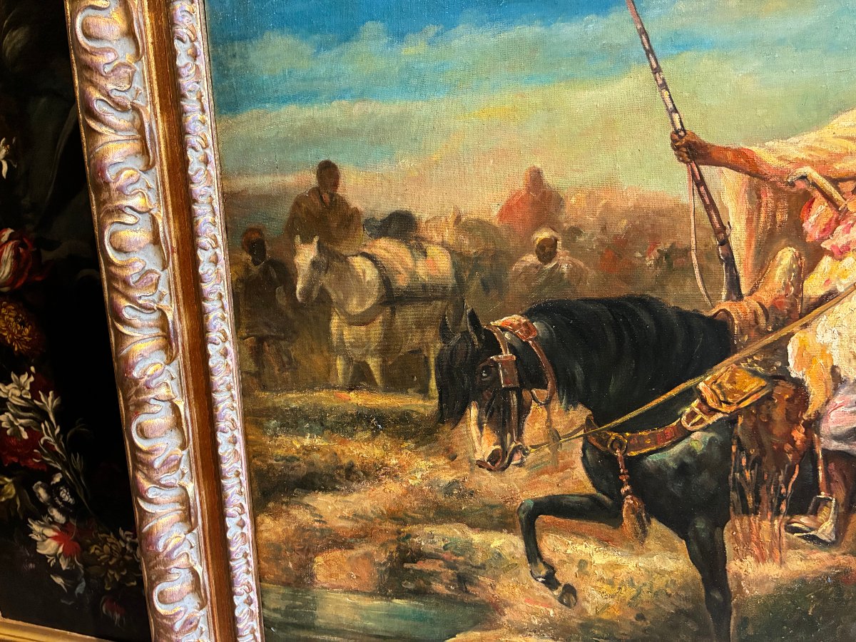 An Orientalist Painting Depicting Men On Horseback, Late 19th Century-photo-3