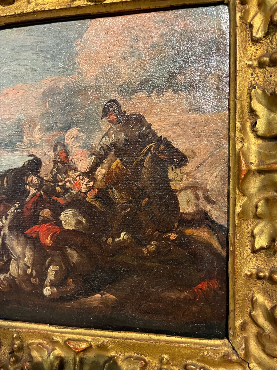 Peinture à l'huile sur toile représentant une bataille, attribuée à Carlo Coppola (1620-1686)-photo-3