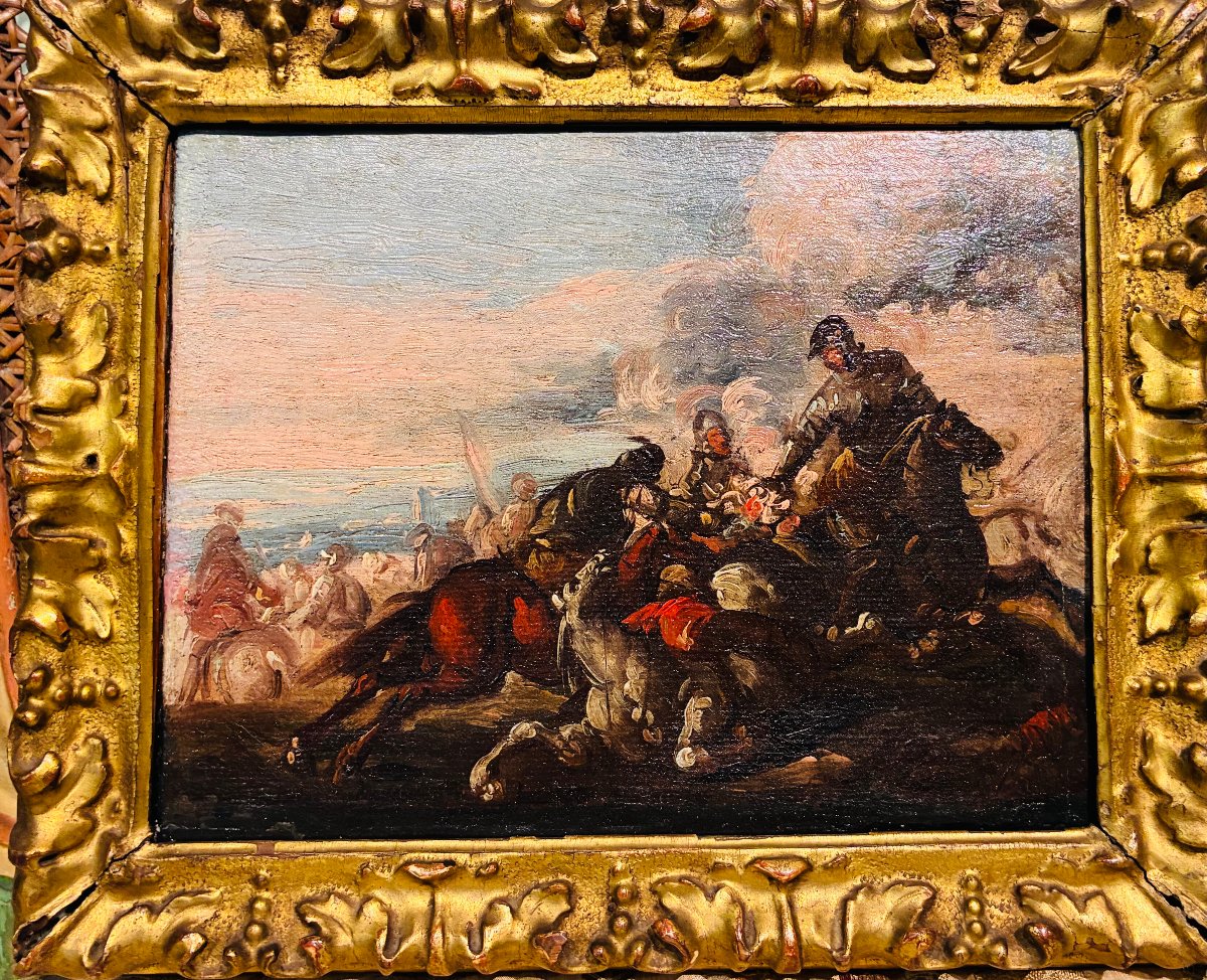 Peinture à l'huile sur toile représentant une bataille, attribuée à Carlo Coppola (1620-1686)