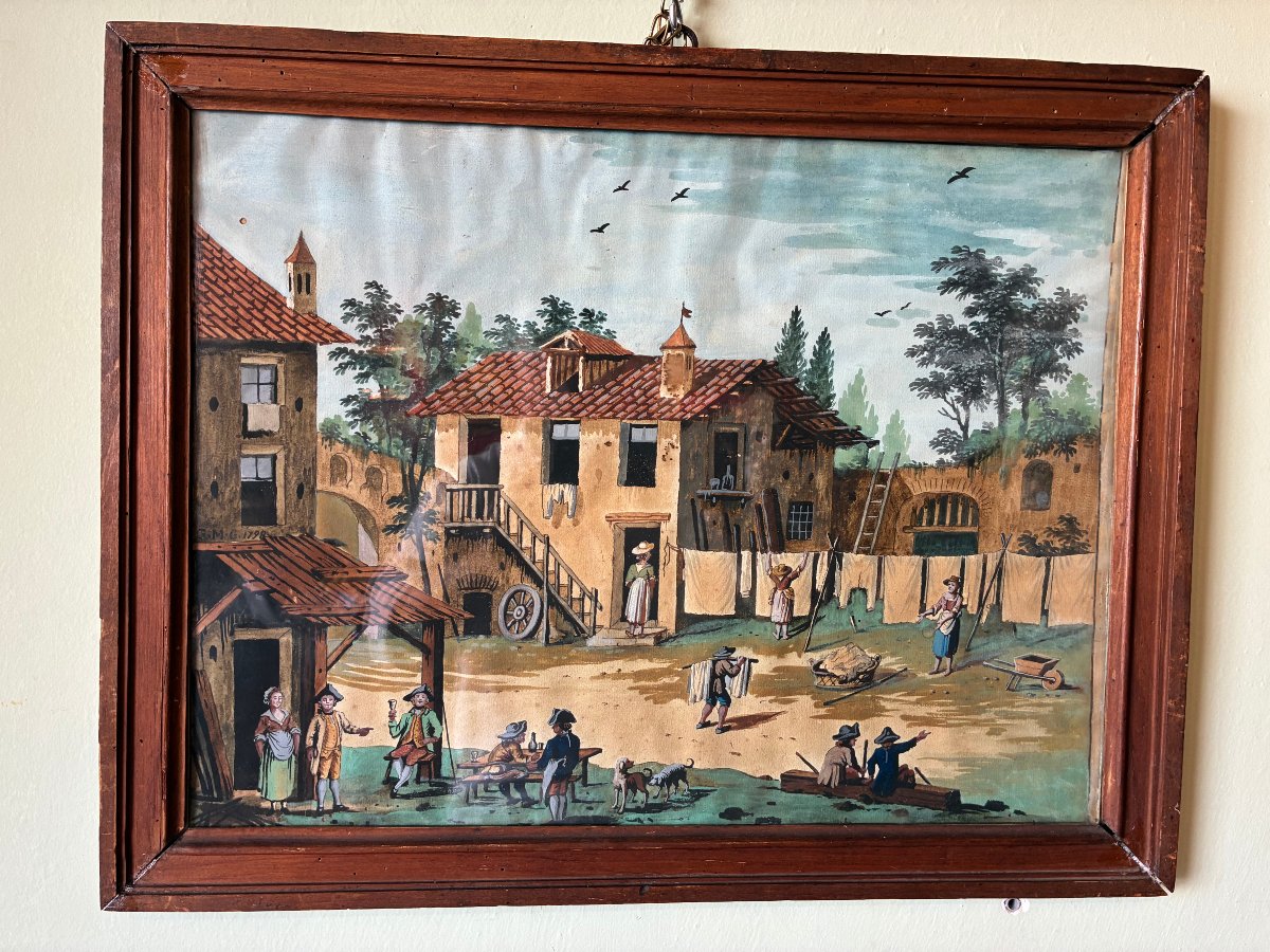 This Is A Signed And Dated Tempera On Paper Depicting A Late 18th-century Landscape.