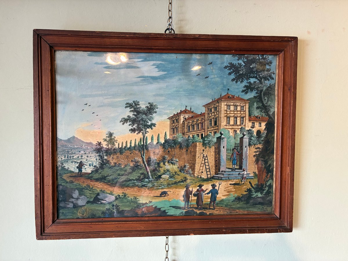 This Is A Signed And Dated Tempera Painting On Paper Depicting A Late 18th-century Landscape.