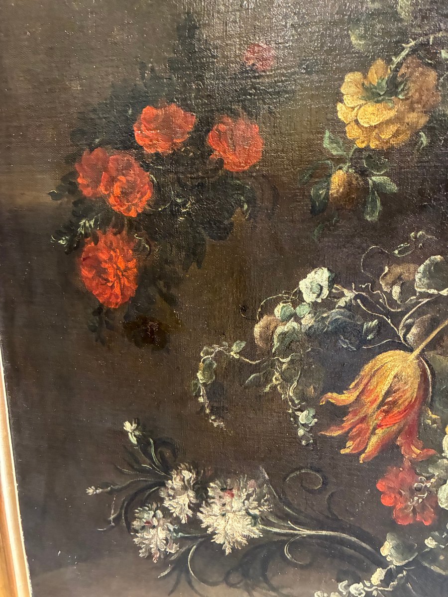 Peinture représentant des fleurs attribuée à Elisabetta Marchionni, XVIIe siècle.-photo-2