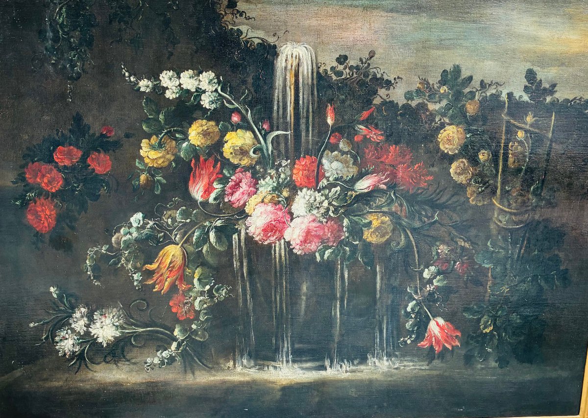 Peinture représentant des fleurs attribuée à Elisabetta Marchionni, XVIIe siècle.