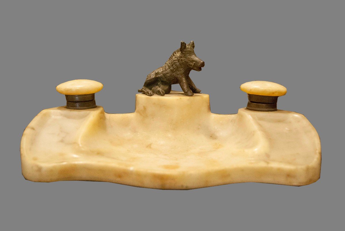 Inkwell, In Marble, With Boar In Bronze. Executed In The Early 1900s