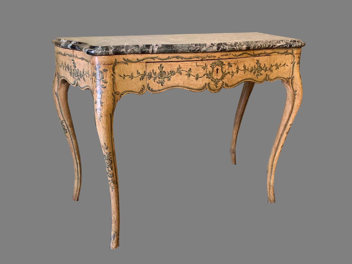 Extraordinary Genoese Console, Lacquered And With Green Alpi Marble Top