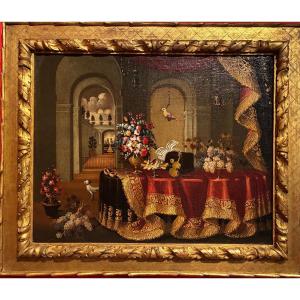 tableau représentant l'intérieur d'une maison avec des draperies du début du XVIIIe siècle