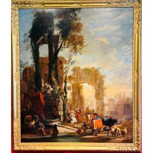 tableau représentant une scène rurale de Rome au début du XVIIIe siècle,