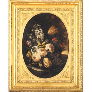 Peinture à l'huile sur toile représentant des fleurs, attribuée à Andrea Belvedere (1646-1732)