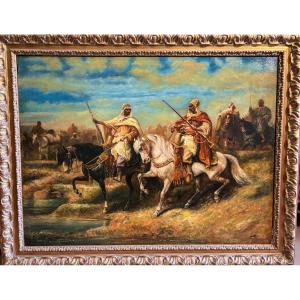 Peinture orientaliste représentant des hommes à cheval, fin du XIXe siècle.