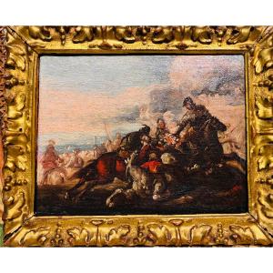 Peinture à l'huile sur toile représentant une bataille, attribuée à Carlo Coppola (1620-1686)