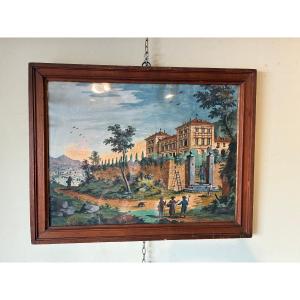This Is A Signed And Dated Tempera Painting On Paper Depicting A Late 18th-century Landscape.