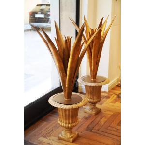 Pair Of Cast Iron Vases With Agaves And Gold Leaf