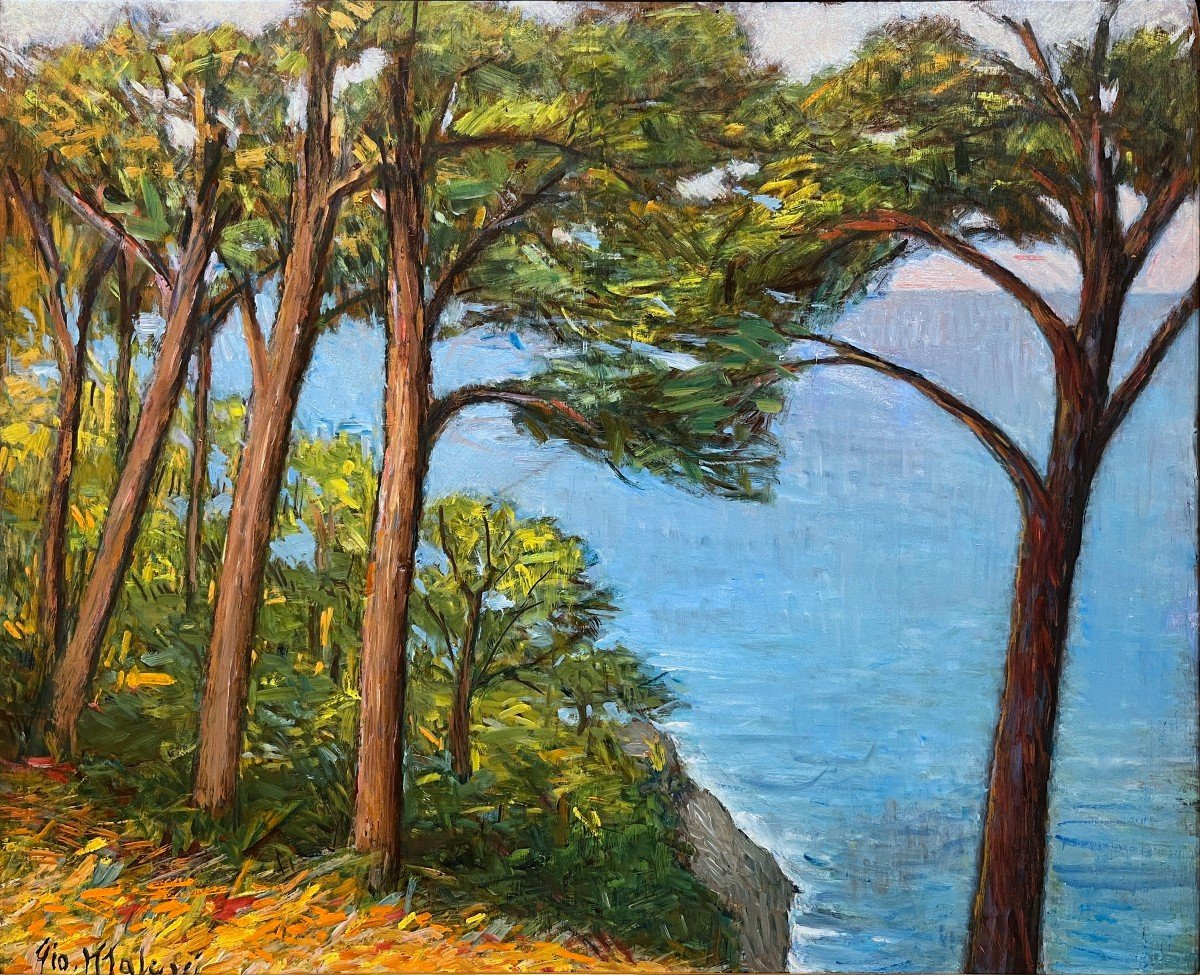 Giovanni Malesci (Vicchio, Florence, 1884 – Milan, 1969) Arbres Sur La Mer Ligurienne, 1963-photo-3