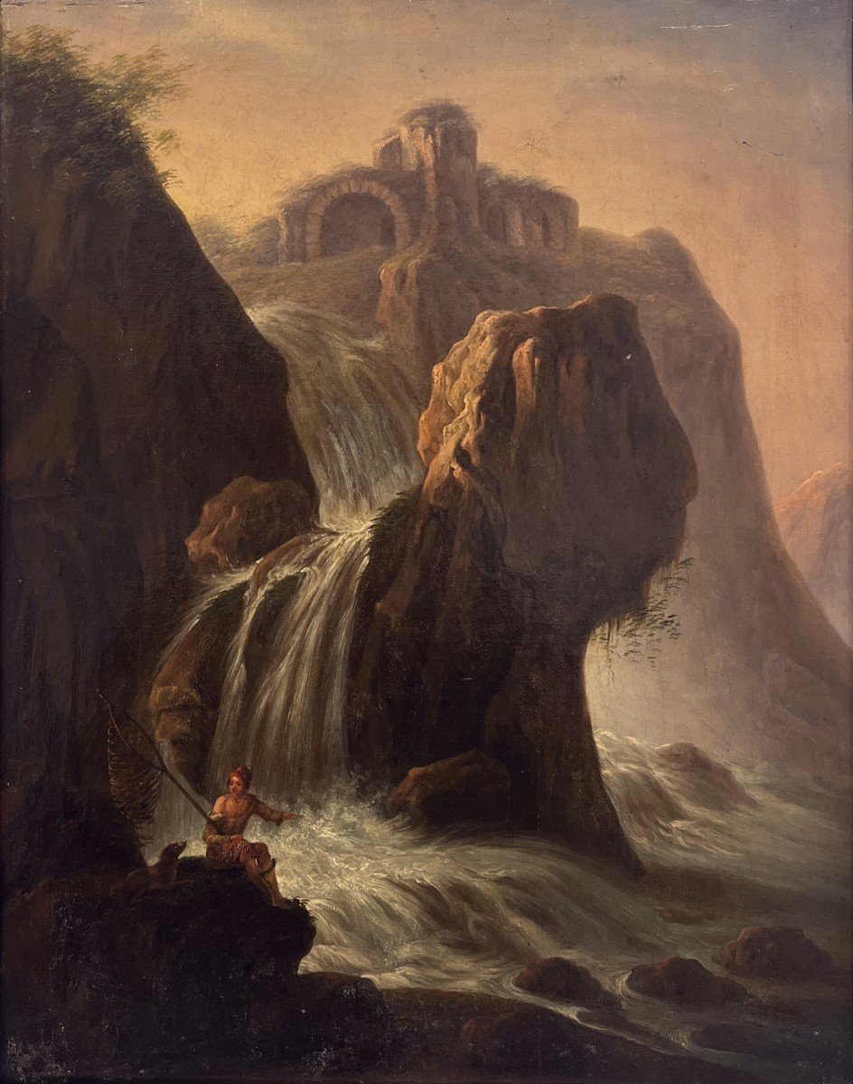 Italian School, 19th Century, Landscape And Waterfall-photo-2