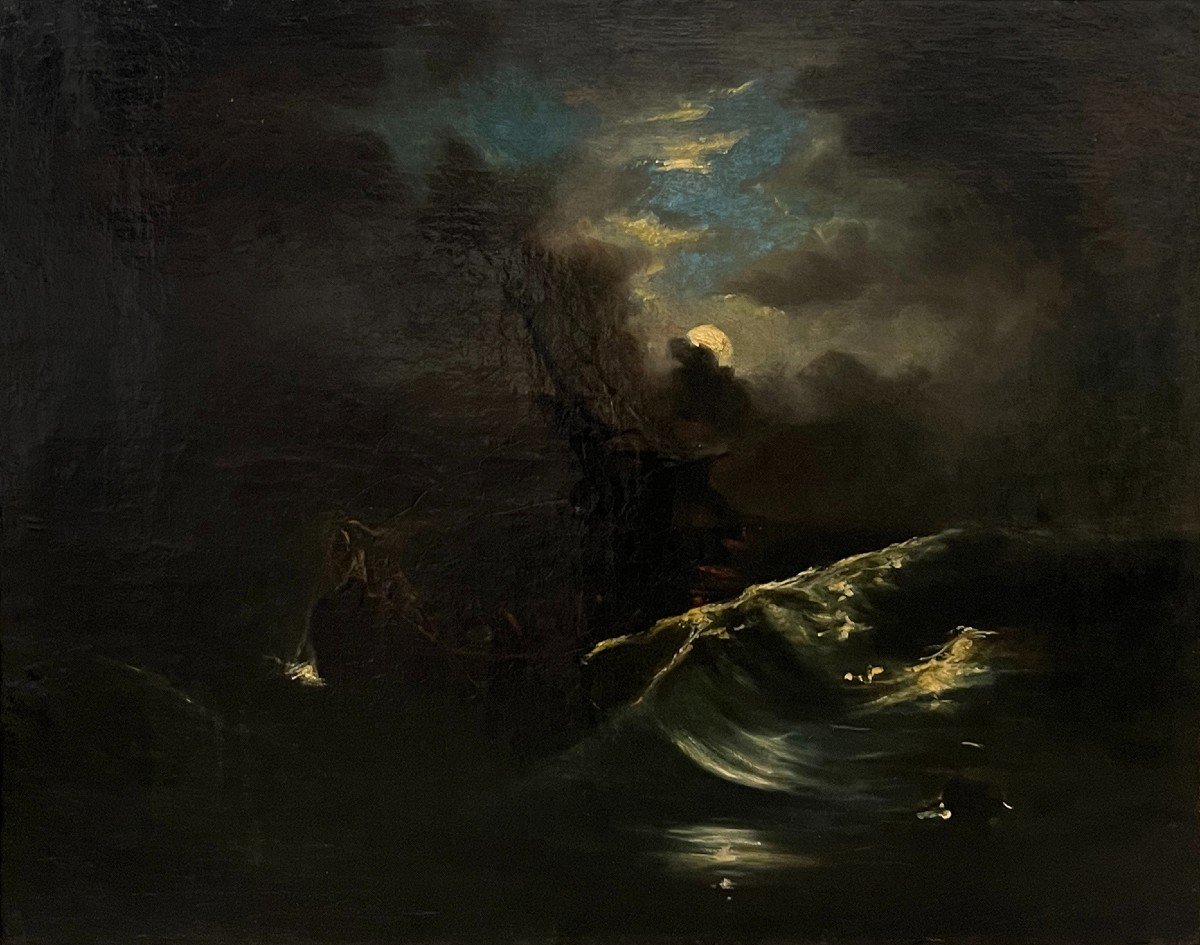 École française du 19ème Siècle , Mer en tempête au clair de lune-photo-2