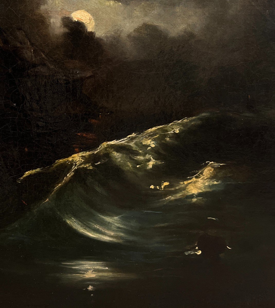 École française du 19ème Siècle , Mer en tempête au clair de lune-photo-1