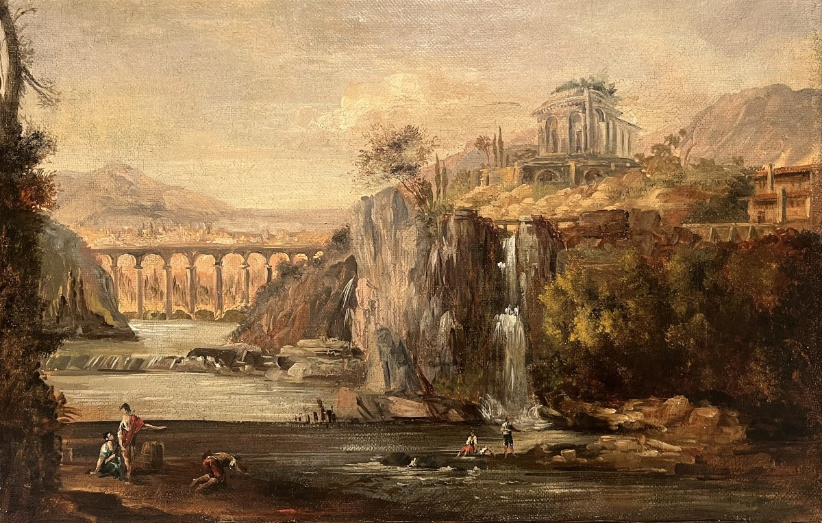École romaine du XVIIIe siècle, Paysage avec cascade, architecture et personnages-photo-2