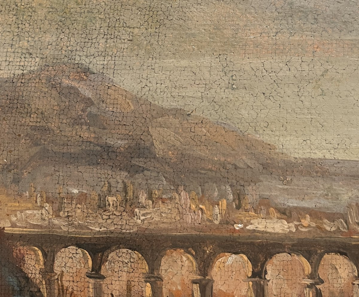 École romaine du XVIIIe siècle, Paysage avec cascade, architecture et personnages-photo-3