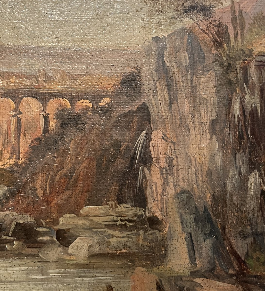 École romaine du XVIIIe siècle, Paysage avec cascade, architecture et personnages-photo-7