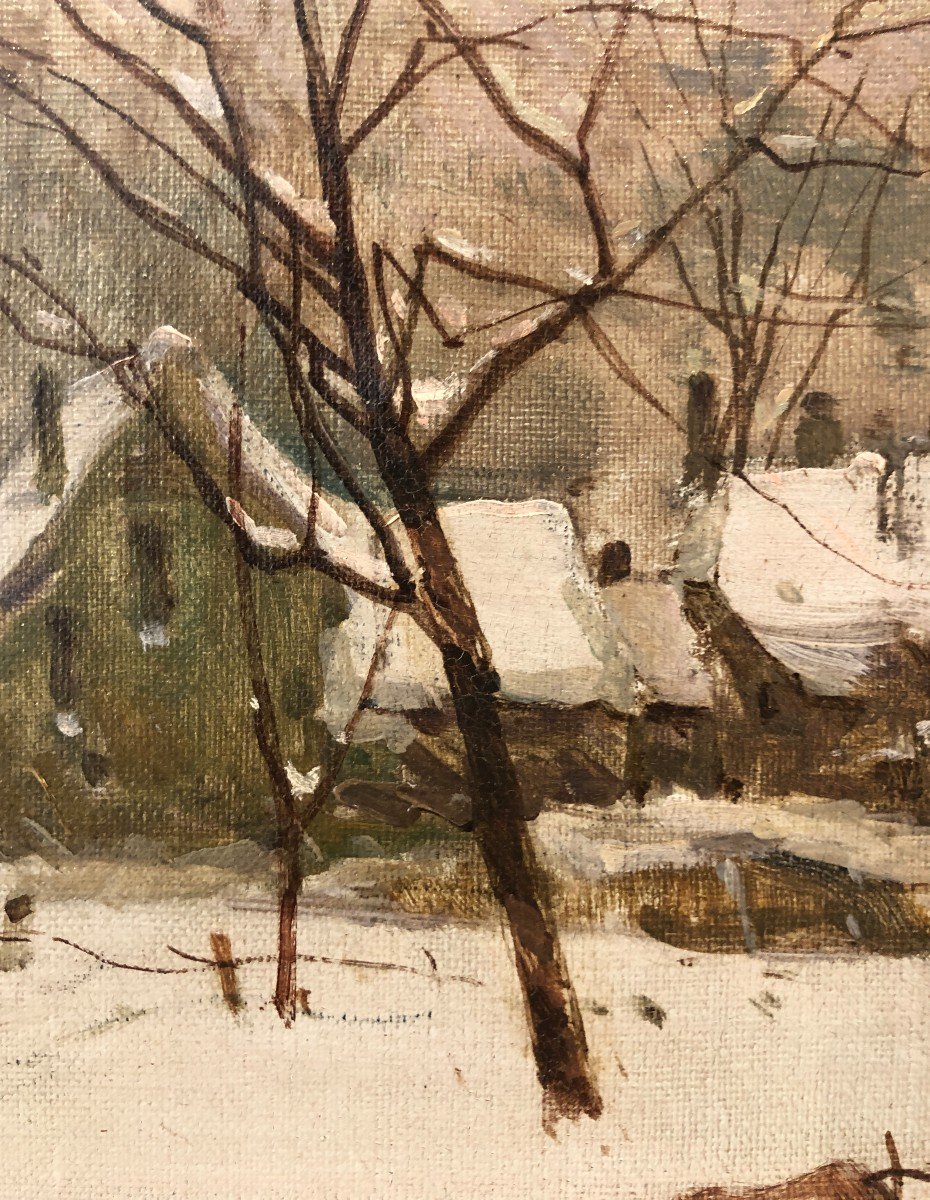 20th Century Artist Signed J. Millient, Snowy Landscape-photo-3