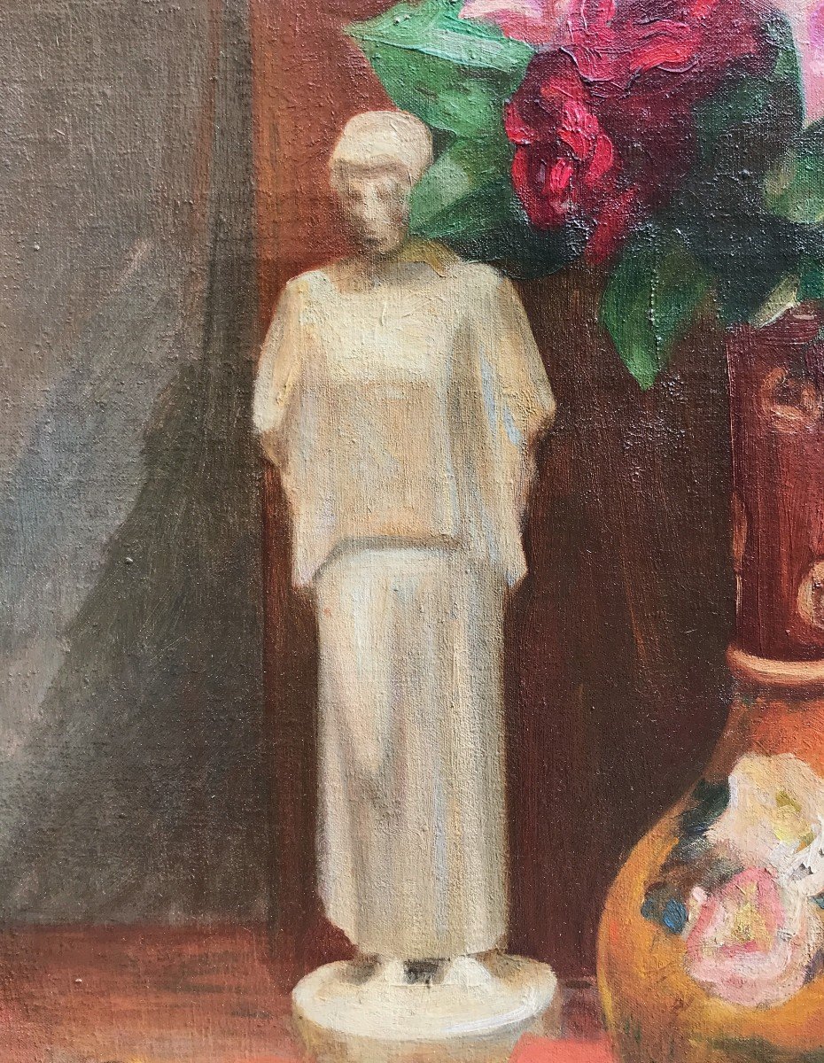 Charles Eugène Descoust (1882-1974) Composition Avec Vase De Fleurs Et Statuette-photo-2