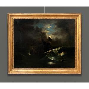 École française du 19ème Siècle , Mer en tempête au clair de lune