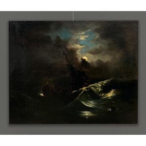 École française du 19ème Siècle , Mer en tempête au clair de lune