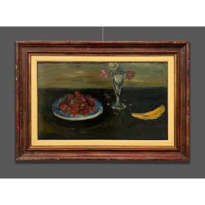Gabriel Dauchot (Gargan-Livry, Paris, 1927 - 2005) Nature Morte Fraises Banane Vase De Fleurs
