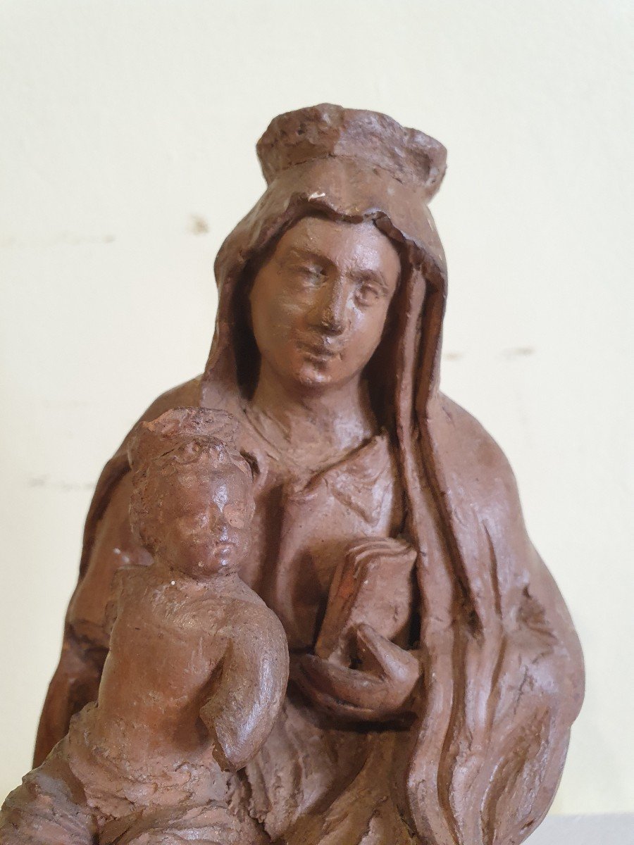 Sculpture Vierge à l'Enfant En Terre Cuite - XVIIe Siècle-photo-2
