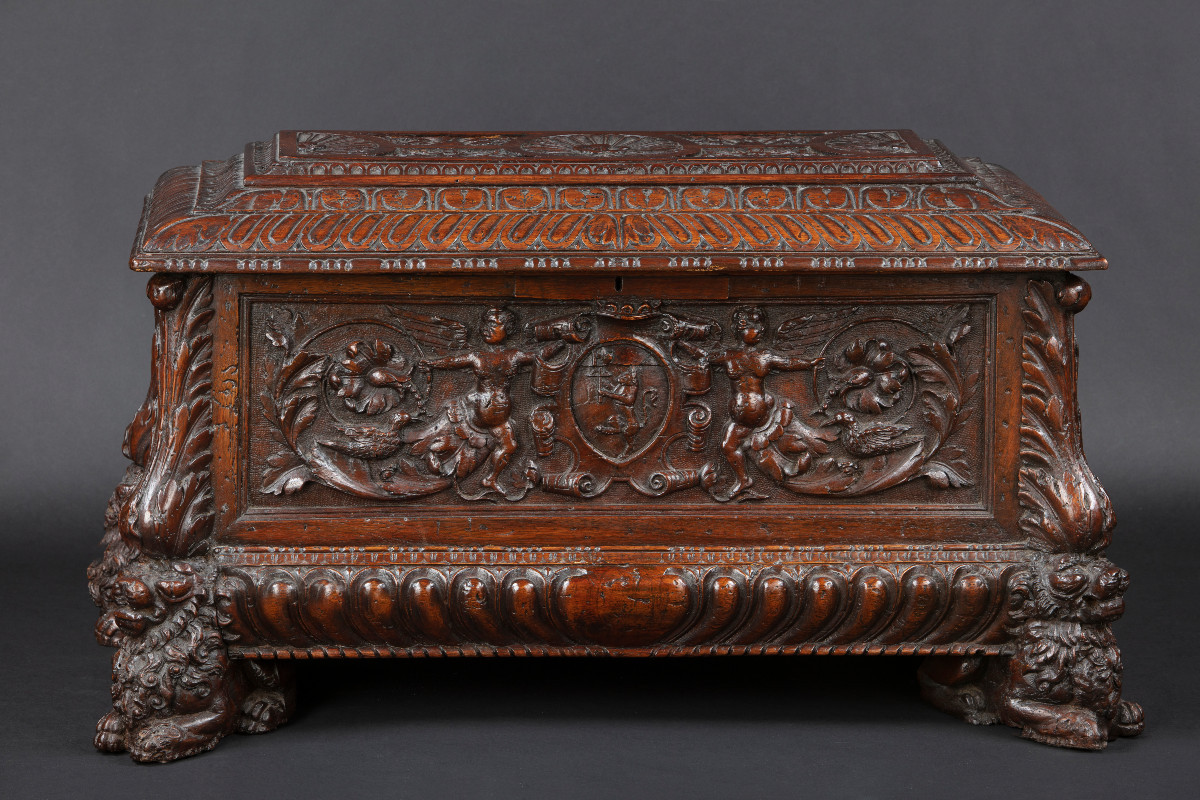 Richly Carved Nuptial Chest, Tuscan Manufacture, 16th Century.